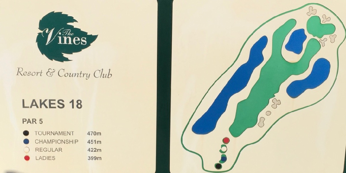 The Vines Resort Lakes hole 18 sign